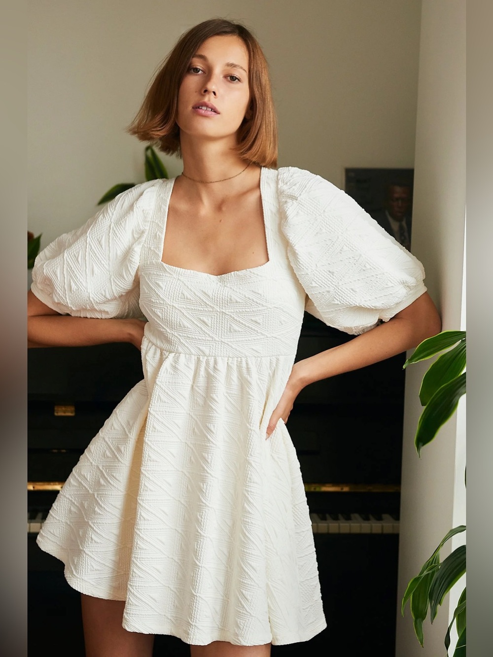 Free People Violet White Mini Dress Small Puff Sleeve Babydoll Bridal Boho